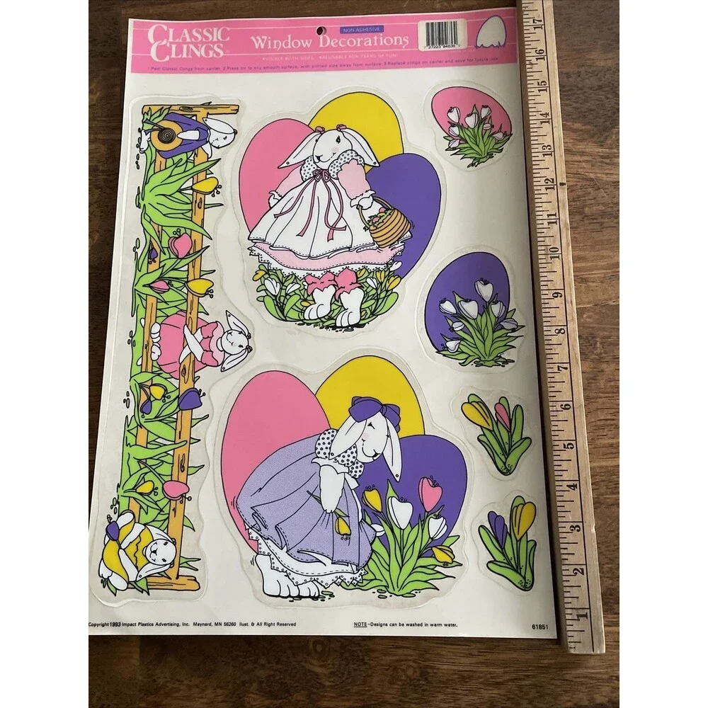 5 Vintage Easter Spring Vinyl Window Clings Bunny Colorful Eggs Birds Artist